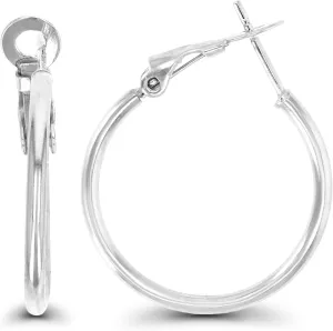 DECADENCE Sterling Silver Polished Omega Back Hoop Earrings for Women | 2x25mm Round Hoop Earrings | Secure Bar Closure | 14k Plated Shiny Classic Earrings