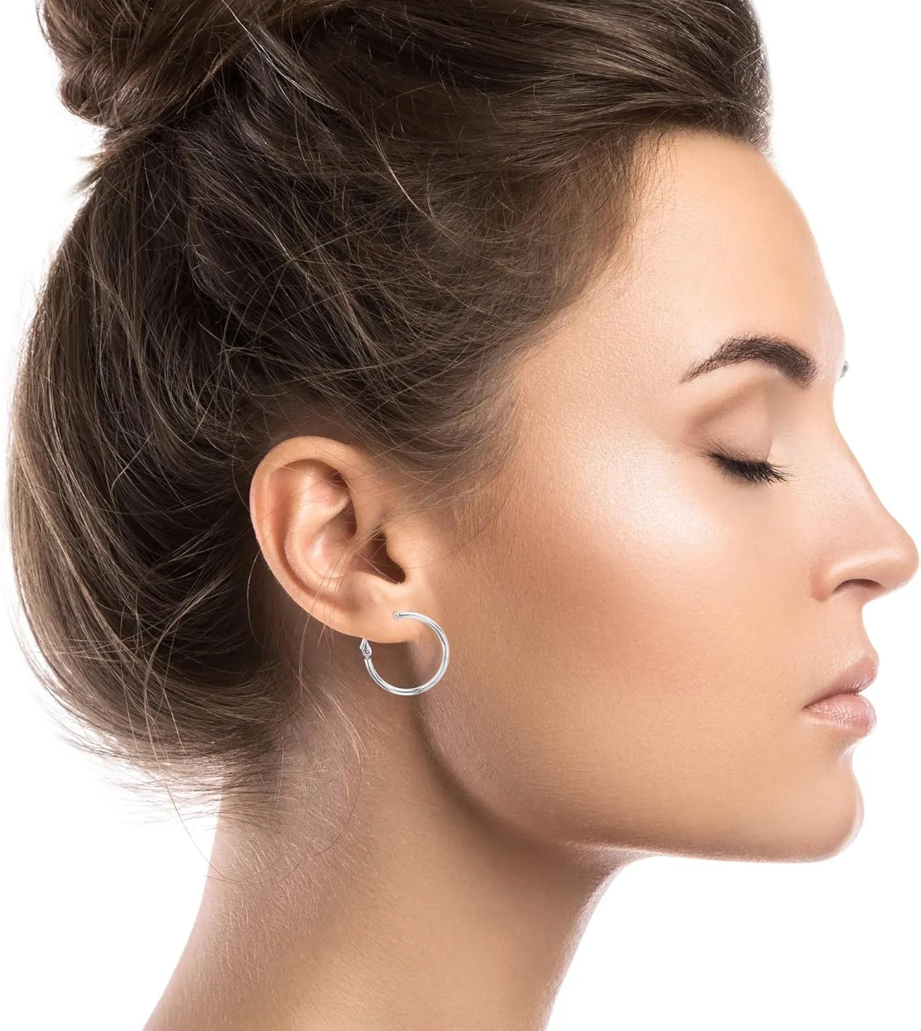 DECADENCE Sterling Silver Polished Omega Back Hoop Earrings for Women | 2x25mm Round Hoop Earrings | Secure Bar Closure | 14k Plated Shiny Classic Earrings