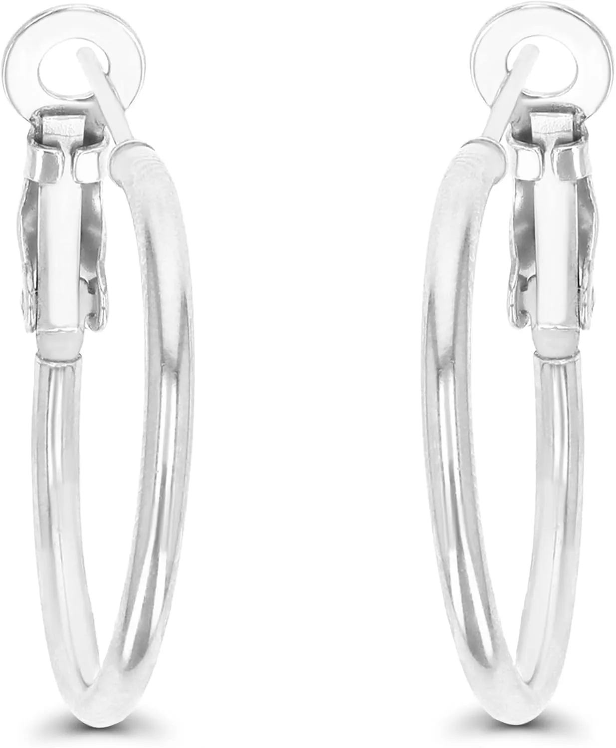 DECADENCE Sterling Silver Polished Omega Back Hoop Earrings for Women | 2x25mm Round Hoop Earrings | Secure Bar Closure | 14k Plated Shiny Classic Earrings