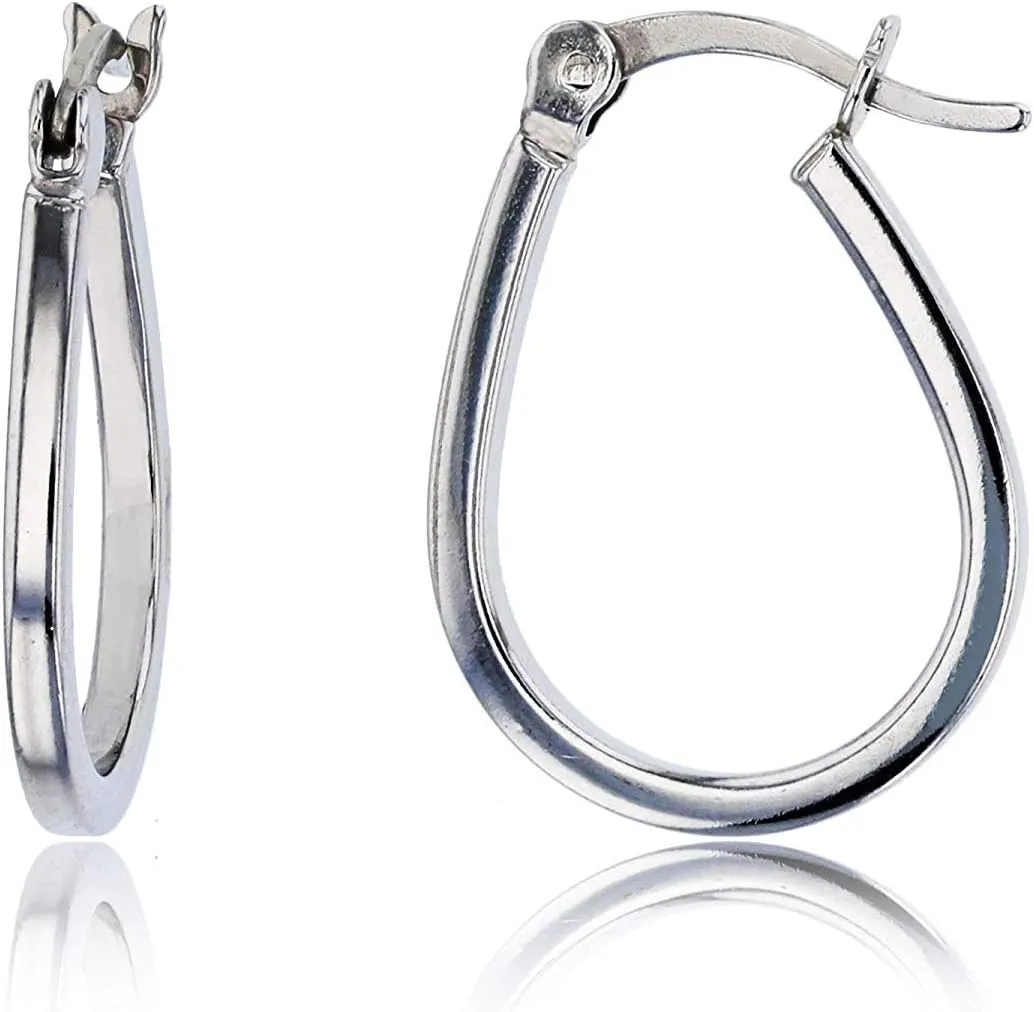 DECADENCE Sterling Silver Polished Oval Tear Drop Hoop Earrings for Women | Oval Hoop Earrings | Secure Bar Closure | 14k Shiny Classic Earrings