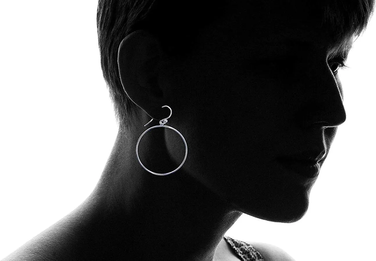 DECADENCE Sterling Silver Polished Rhodium Dangling Open Circle and Pear Hoop Earrings for Women | Fish Hook Drop Wire Earrings | Secure Bar Closure | 14k Shiny Classic Earrings