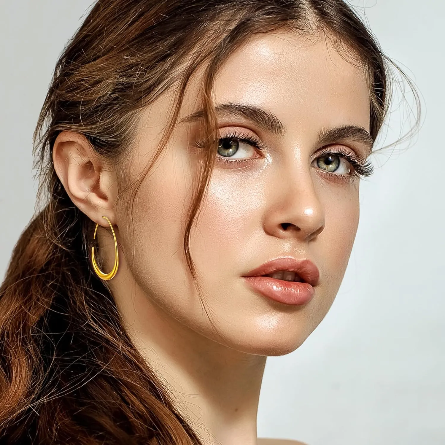 Delicate Teardrop Hoop Earrings for Women - 18k Gold Plated Large Oval Pull-Through Hoops, High Polished Statement Jewelry Gift