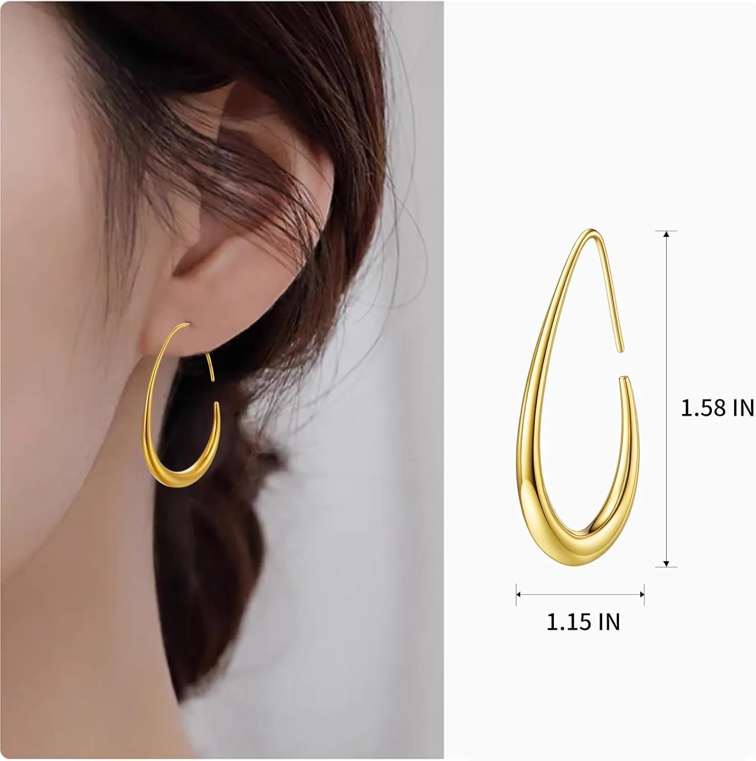 Delicate Teardrop Hoop Earrings for Women - 18k Gold Plated Large Oval Pull-Through Hoops, High Polished Statement Jewelry Gift