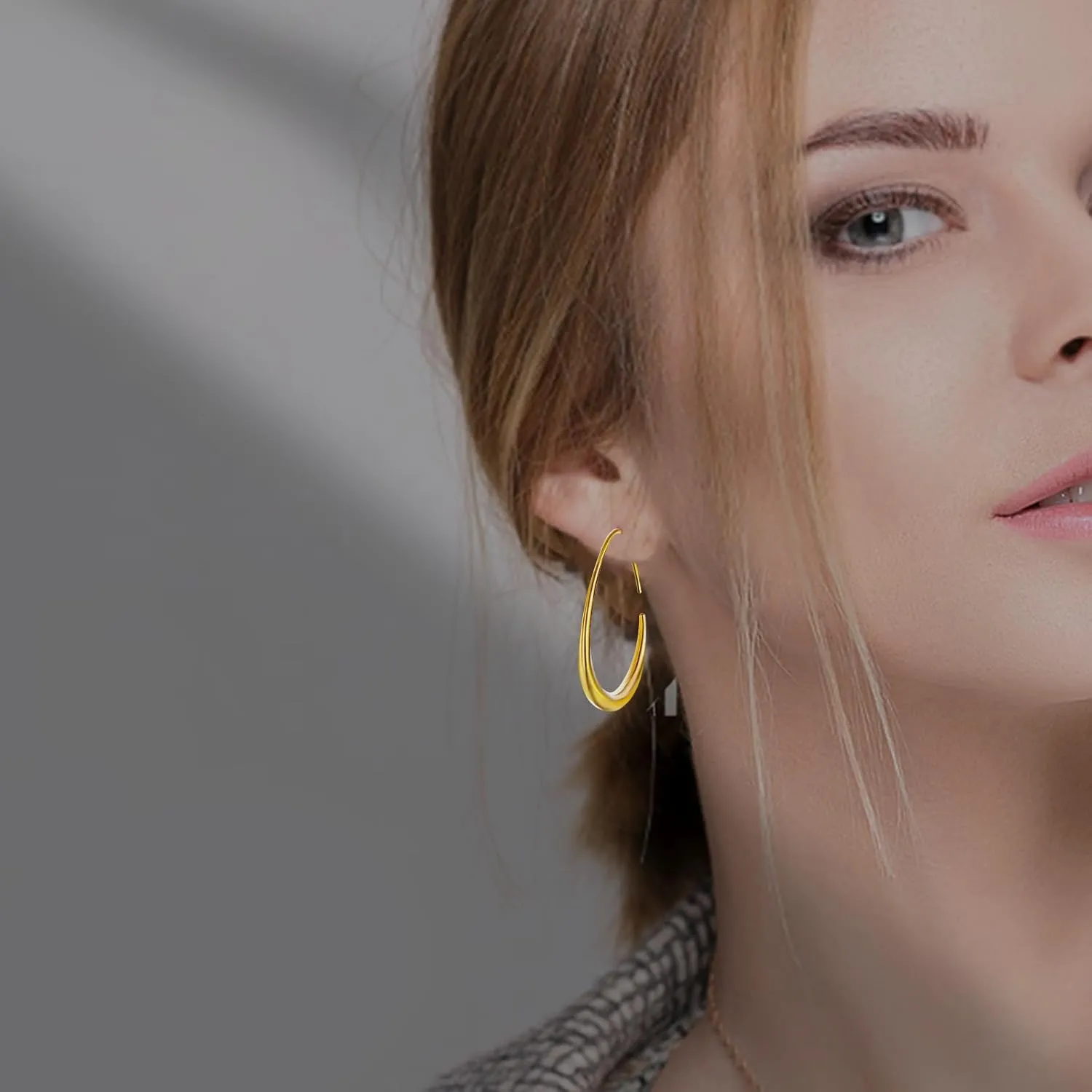Delicate Teardrop Hoop Earrings for Women - 18k Gold Plated Large Oval Pull-Through Hoops, High Polished Statement Jewelry Gift