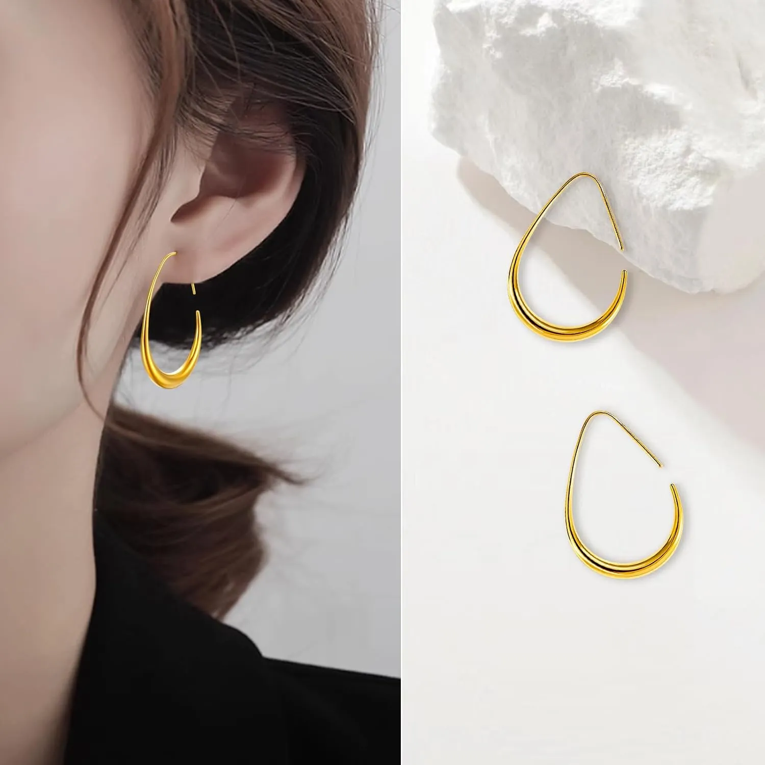Delicate Teardrop Hoop Earrings for Women - 18k Gold Plated Large Oval Pull-Through Hoops, High Polished Statement Jewelry Gift