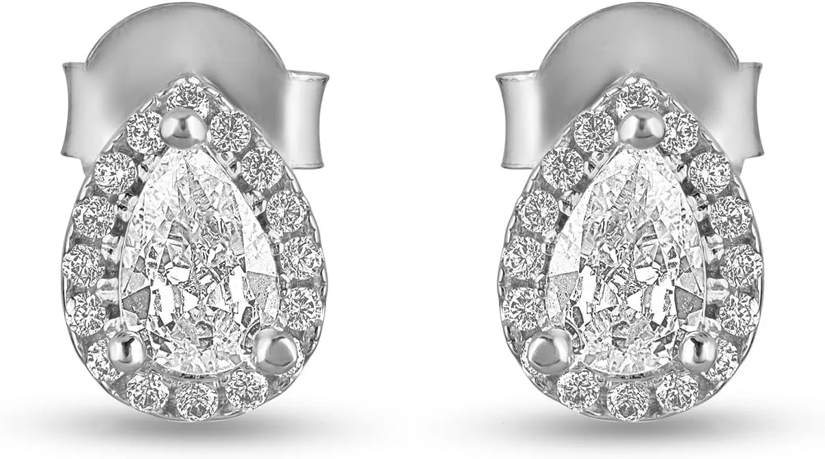 Diamond Earrings Stud For Women And Mens - 14k Gold Plated Earrings - D/VVS1 Simulated Diamond Halo Stud Earrings For Men And Women - Hypoallergenic 925 Sterling Silver Earrings - In Rose Gold, White Gold And Yellow Gold (Pear Diamond, White Gold)