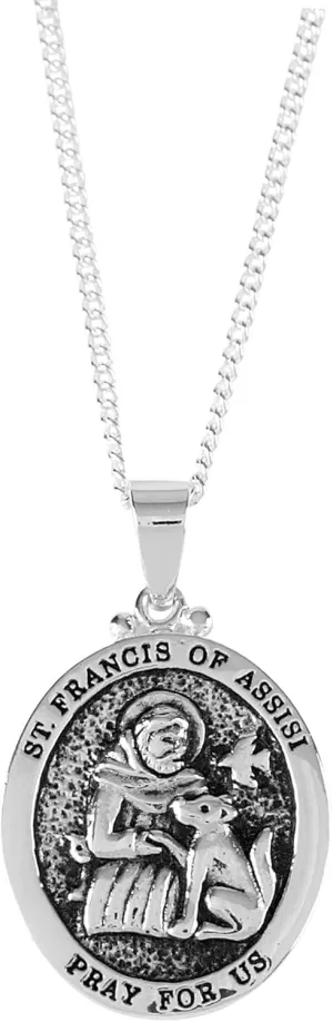 Dicksons St. Francis of Assisi Pray For Us Oval Pendant Women's 18 Inch Silver Plated Everyday Necklace in Jewelry Gift Box