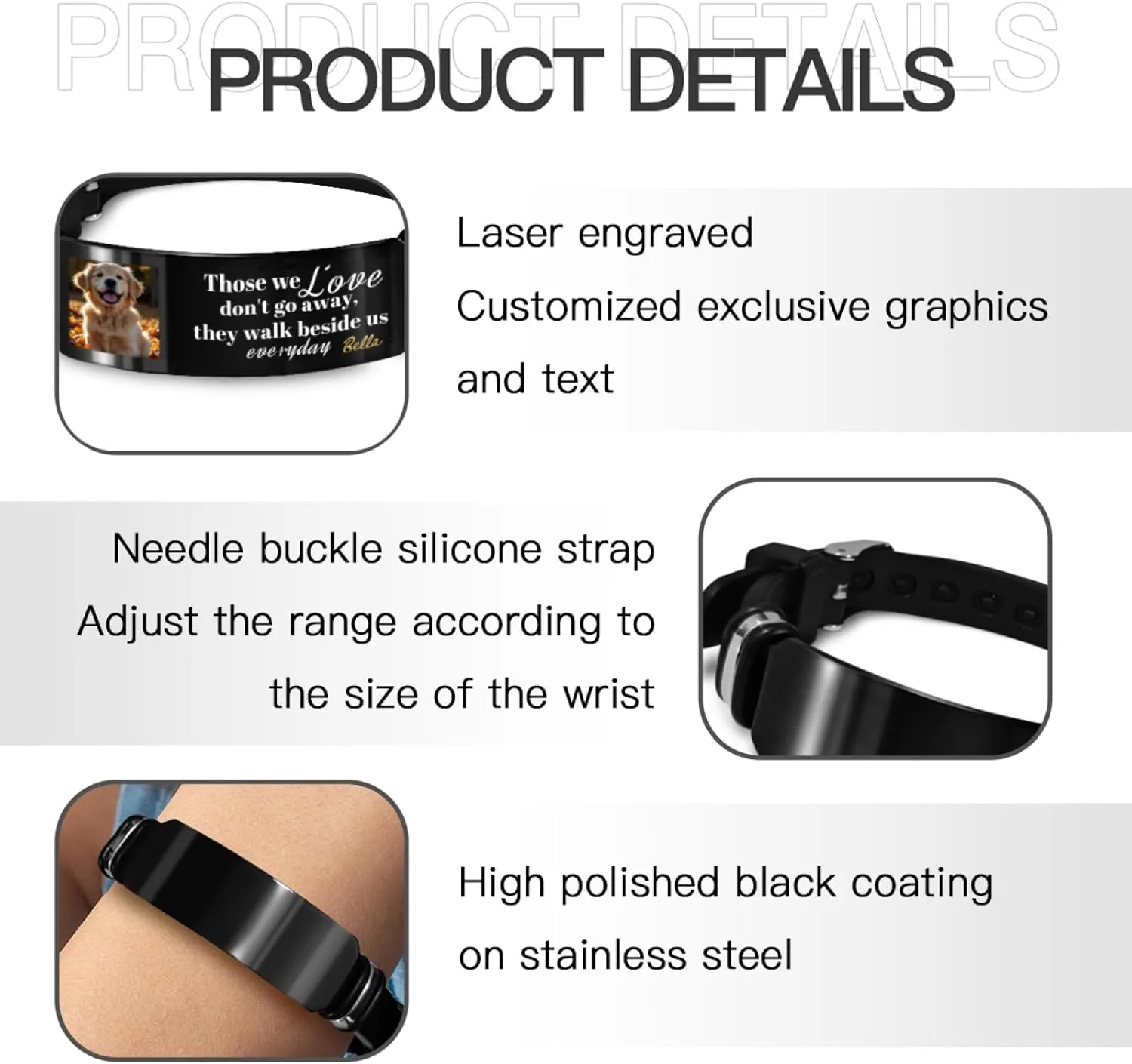DIYKST Personalized Pet Memorial Bracelet with Photo, Custom Engraved Message, Black Silicone Band
