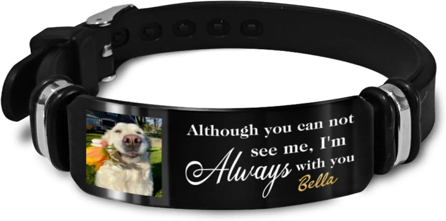 DIYKST Personalized Pet Memorial Bracelet with Photo, Custom Engraved Message, Black Silicone Band