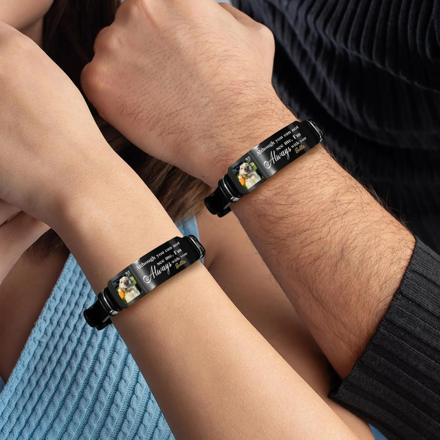 DIYKST Personalized Pet Memorial Bracelet with Photo, Custom Engraved Message, Black Silicone Band