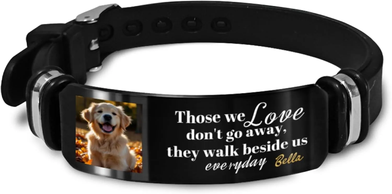 DIYKST Personalized Pet Memorial Bracelet with Photo, Custom Engraved Message, Black Silicone Band