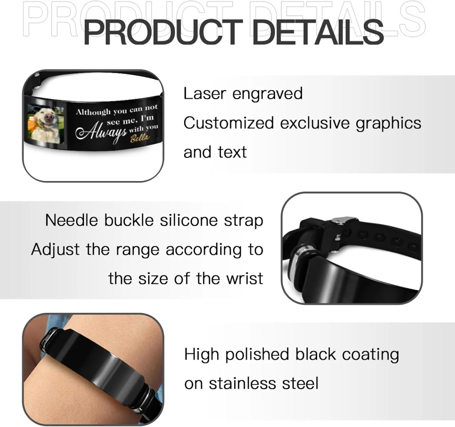 DIYKST Personalized Pet Memorial Bracelet with Photo, Custom Engraved Message, Black Silicone Band