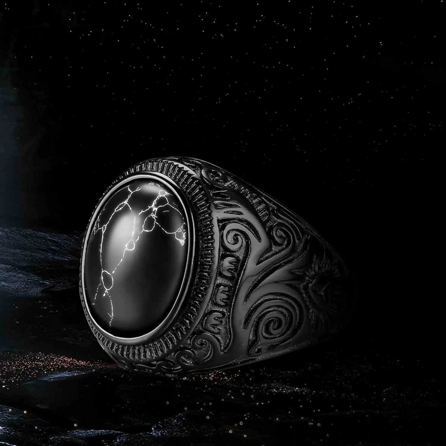 Dochais Retro Tiger Eye Stone Mens Rings, Black Onyx Rings for Men Stainless Steel Ring Oval Biker Ring for Mens Jewelry