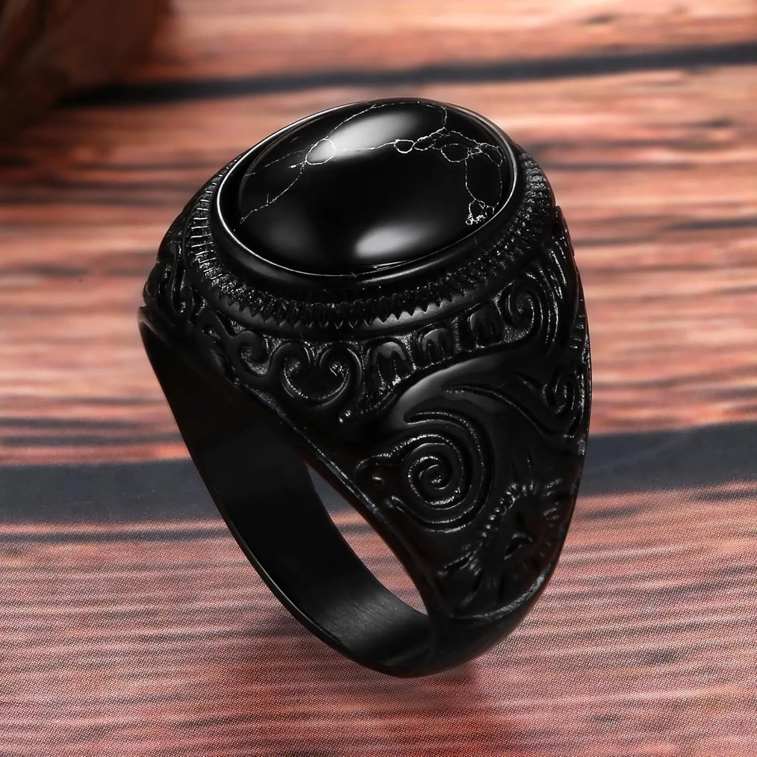 Dochais Retro Tiger Eye Stone Mens Rings, Black Onyx Rings for Men Stainless Steel Ring Oval Biker Ring for Mens Jewelry