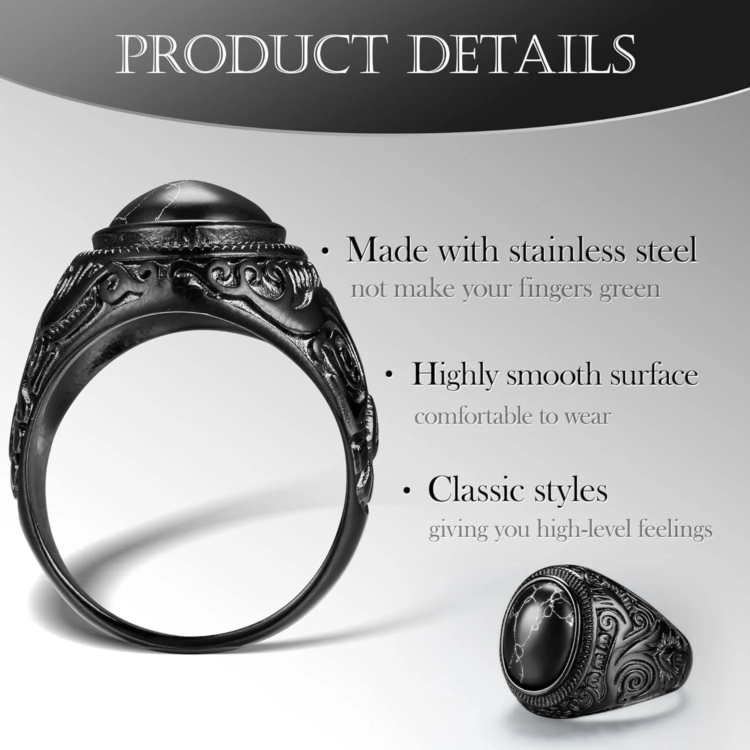 Dochais Retro Tiger Eye Stone Mens Rings, Black Onyx Rings for Men Stainless Steel Ring Oval Biker Ring for Mens Jewelry