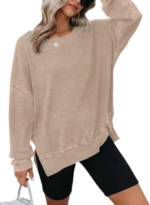 Dokotoo Womens Oversized Waffle Knit Crewneck Sweatshirts Long Sleeve Side Slits Casual Pullover Sweatshirt Tops