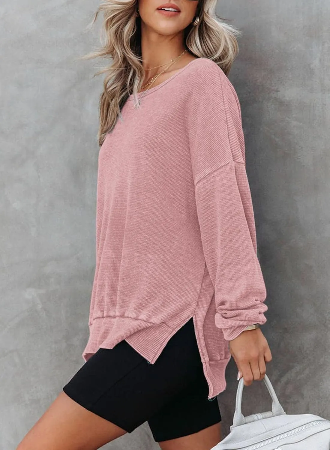 Dokotoo Womens Oversized Waffle Knit Crewneck Sweatshirts Long Sleeve Side Slits Casual Pullover Sweatshirt Tops