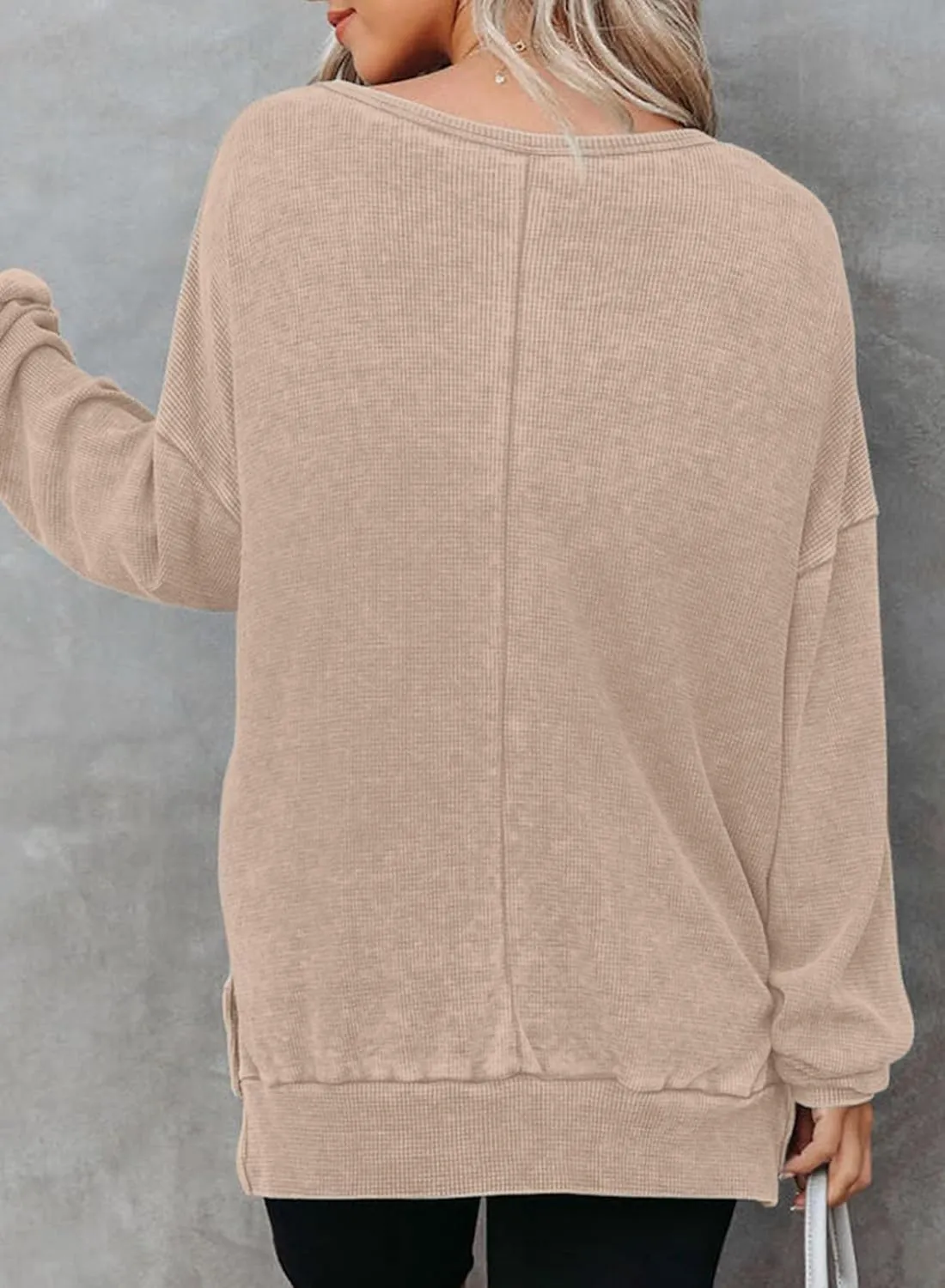 Dokotoo Womens Oversized Waffle Knit Crewneck Sweatshirts Long Sleeve Side Slits Casual Pullover Sweatshirt Tops