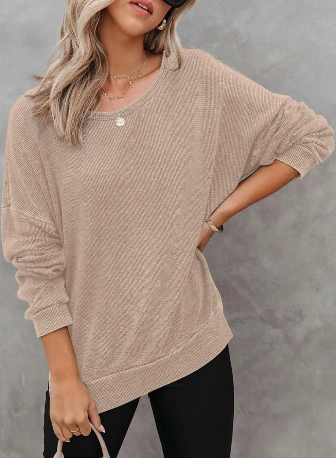 Dokotoo Womens Oversized Waffle Knit Crewneck Sweatshirts Long Sleeve Side Slits Casual Pullover Sweatshirt Tops
