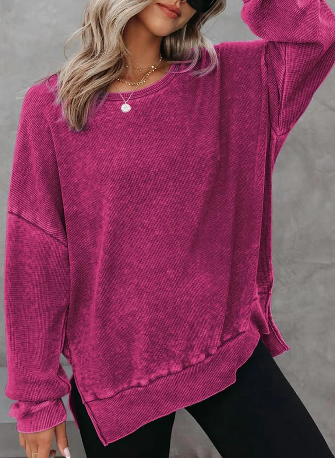 Dokotoo Womens Oversized Waffle Knit Crewneck Sweatshirts Long Sleeve Side Slits Casual Pullover Sweatshirt Tops