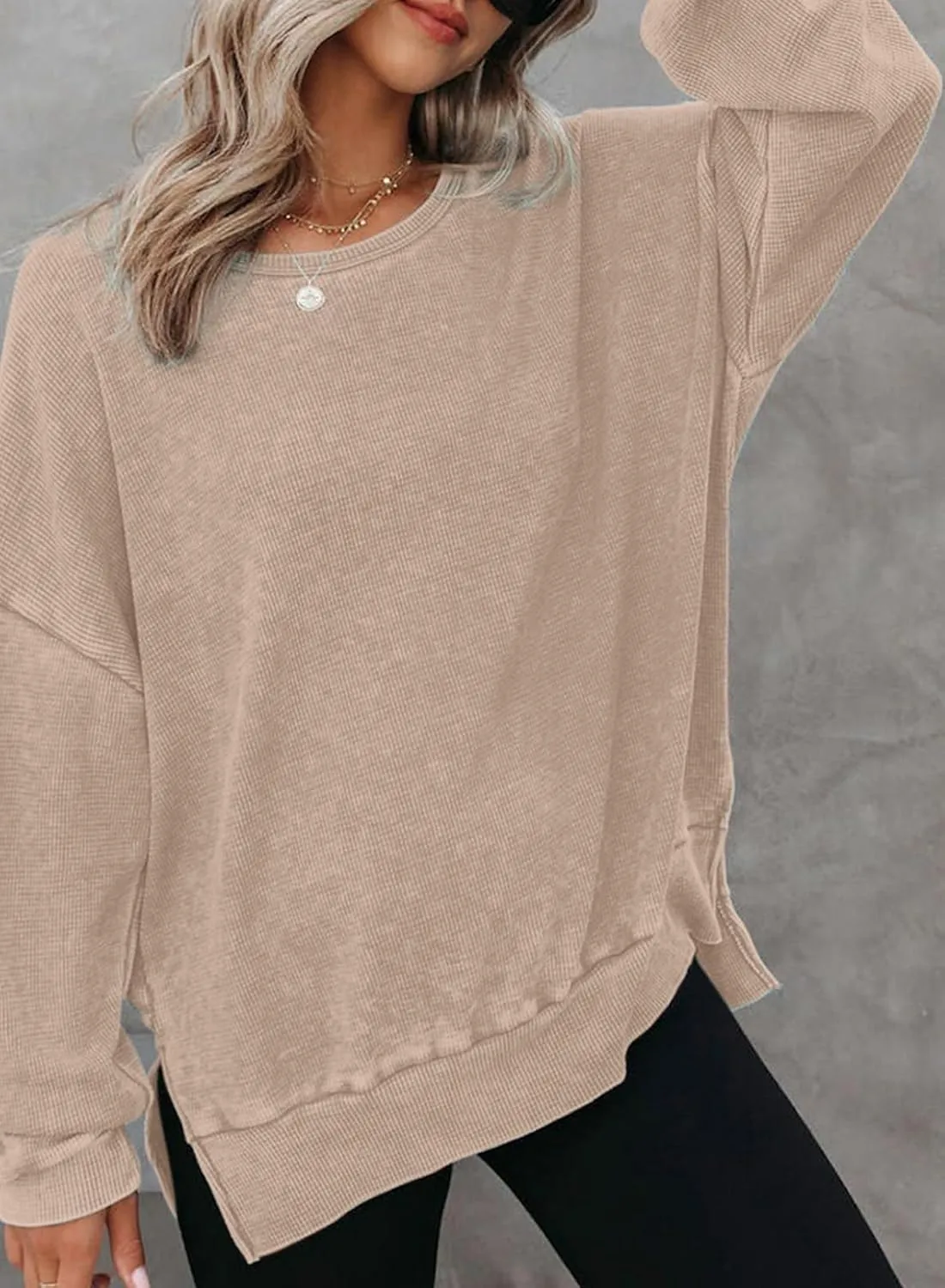 Dokotoo Womens Oversized Waffle Knit Crewneck Sweatshirts Long Sleeve Side Slits Casual Pullover Sweatshirt Tops