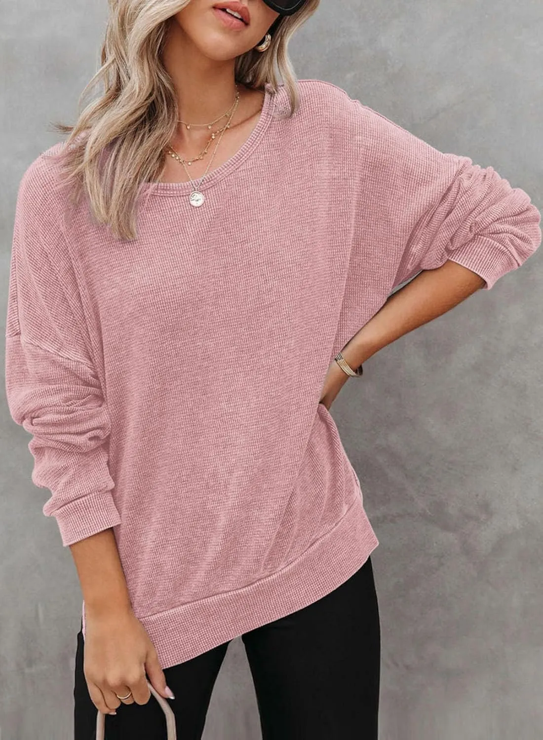 Dokotoo Womens Oversized Waffle Knit Crewneck Sweatshirts Long Sleeve Side Slits Casual Pullover Sweatshirt Tops