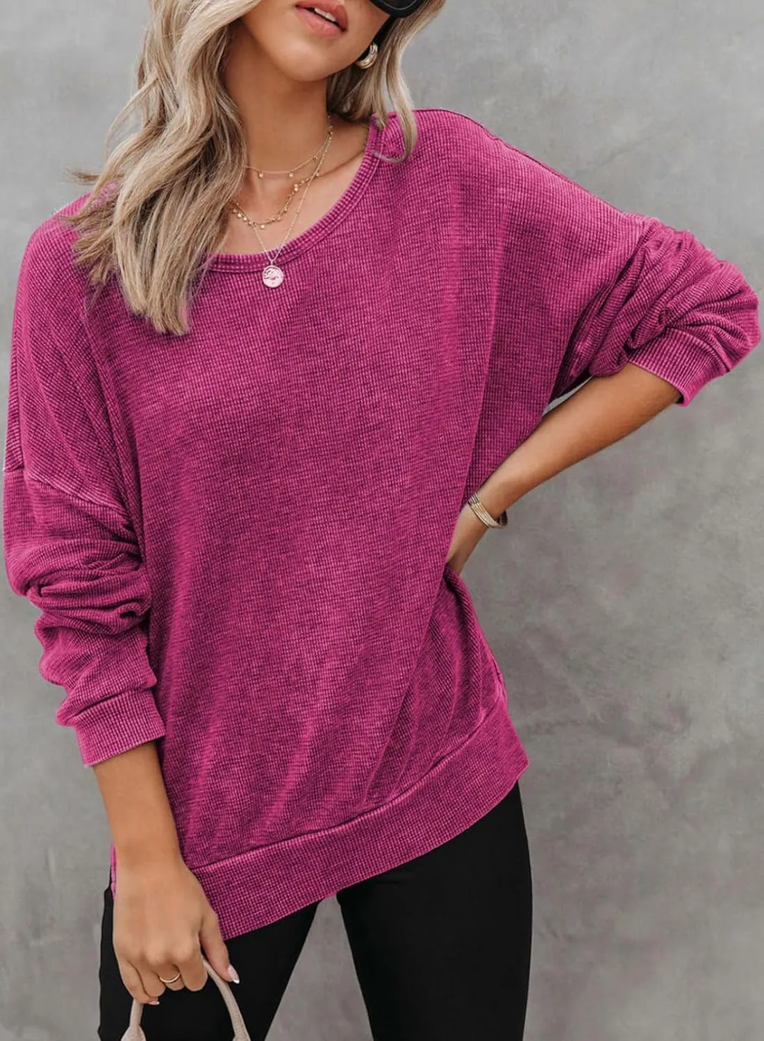 Dokotoo Womens Oversized Waffle Knit Crewneck Sweatshirts Long Sleeve Side Slits Casual Pullover Sweatshirt Tops