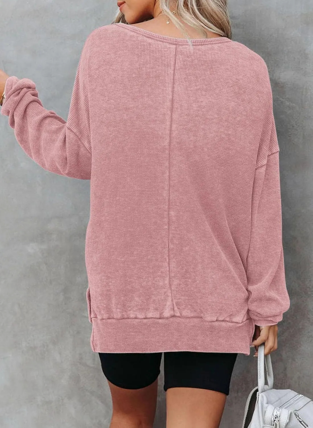 Dokotoo Womens Oversized Waffle Knit Crewneck Sweatshirts Long Sleeve Side Slits Casual Pullover Sweatshirt Tops