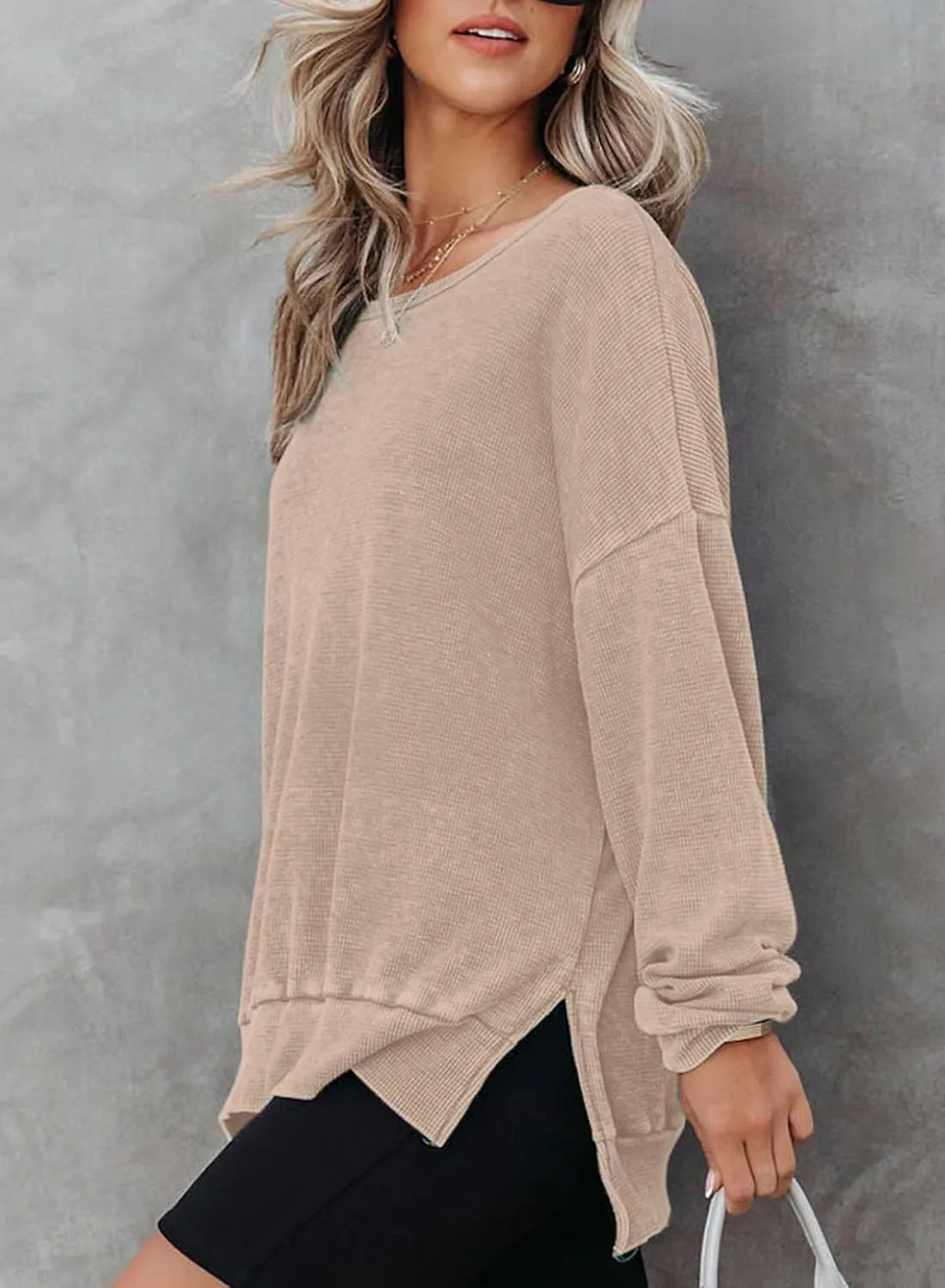 Dokotoo Womens Oversized Waffle Knit Crewneck Sweatshirts Long Sleeve Side Slits Casual Pullover Sweatshirt Tops