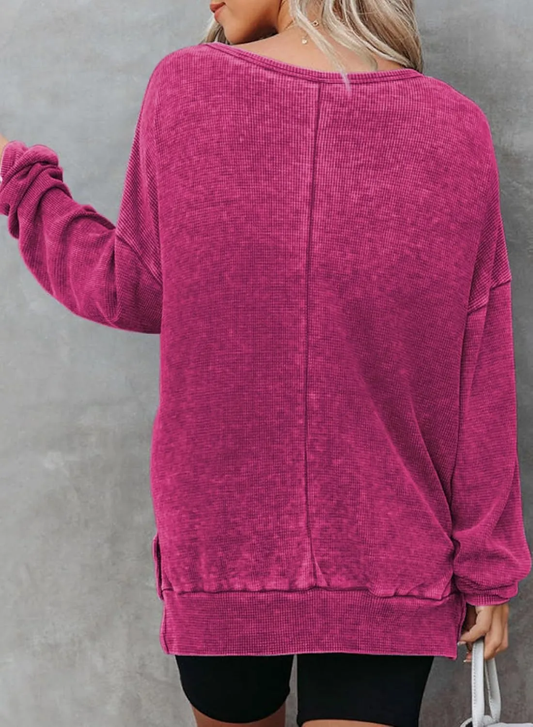 Dokotoo Womens Oversized Waffle Knit Crewneck Sweatshirts Long Sleeve Side Slits Casual Pullover Sweatshirt Tops