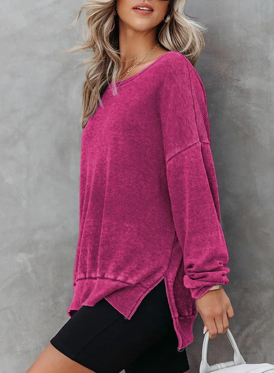 Dokotoo Womens Oversized Waffle Knit Crewneck Sweatshirts Long Sleeve Side Slits Casual Pullover Sweatshirt Tops