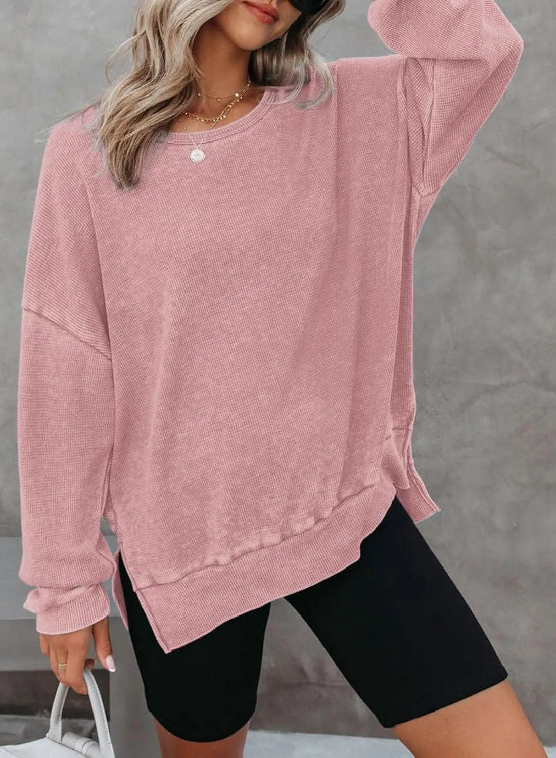 Dokotoo Womens Oversized Waffle Knit Crewneck Sweatshirts Long Sleeve Side Slits Casual Pullover Sweatshirt Tops