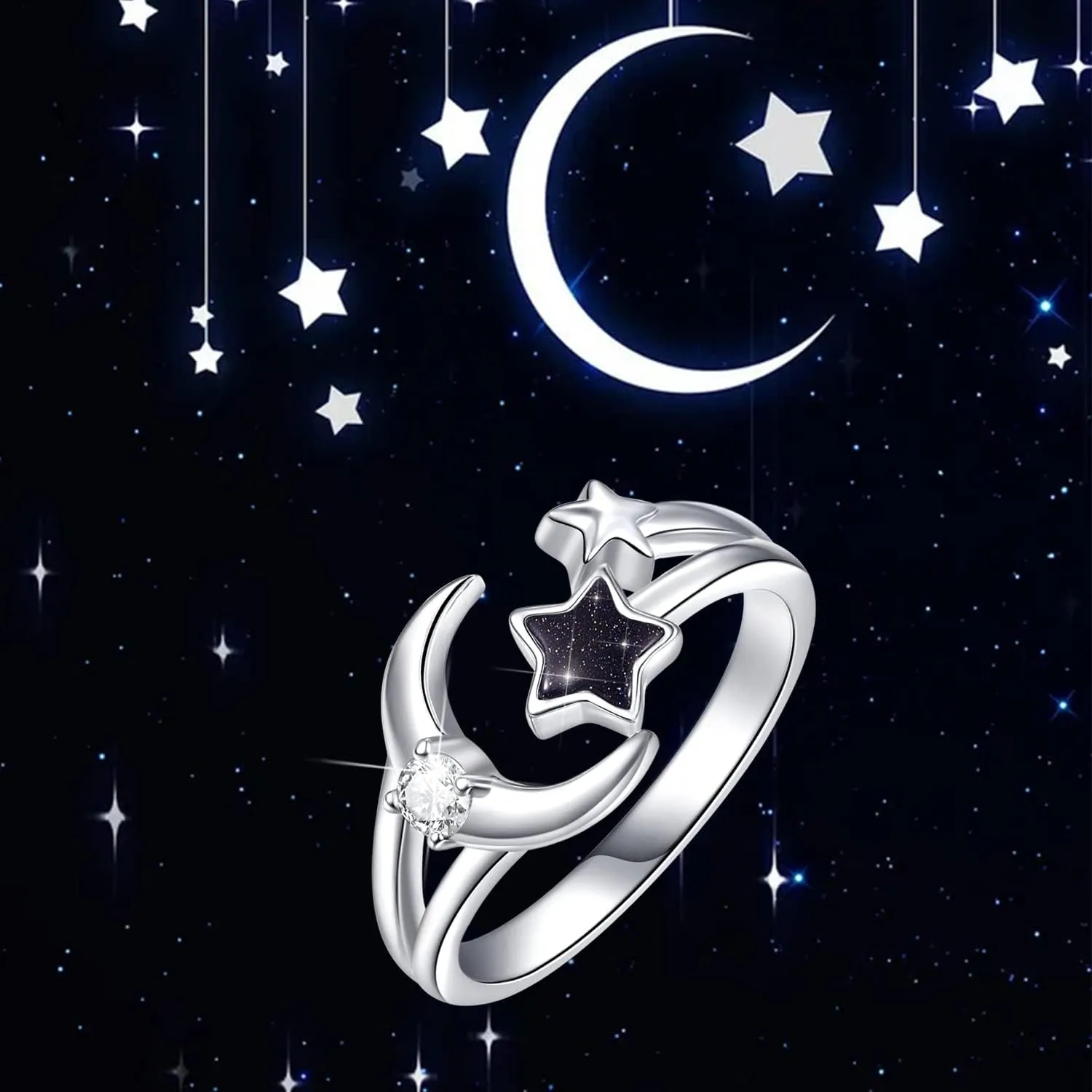 Dreamboat Sterling Silver Moon and Star Rings for Women Crescent Moon Ring Celestial Galaxy Witchy Star Jewelry Adjustable