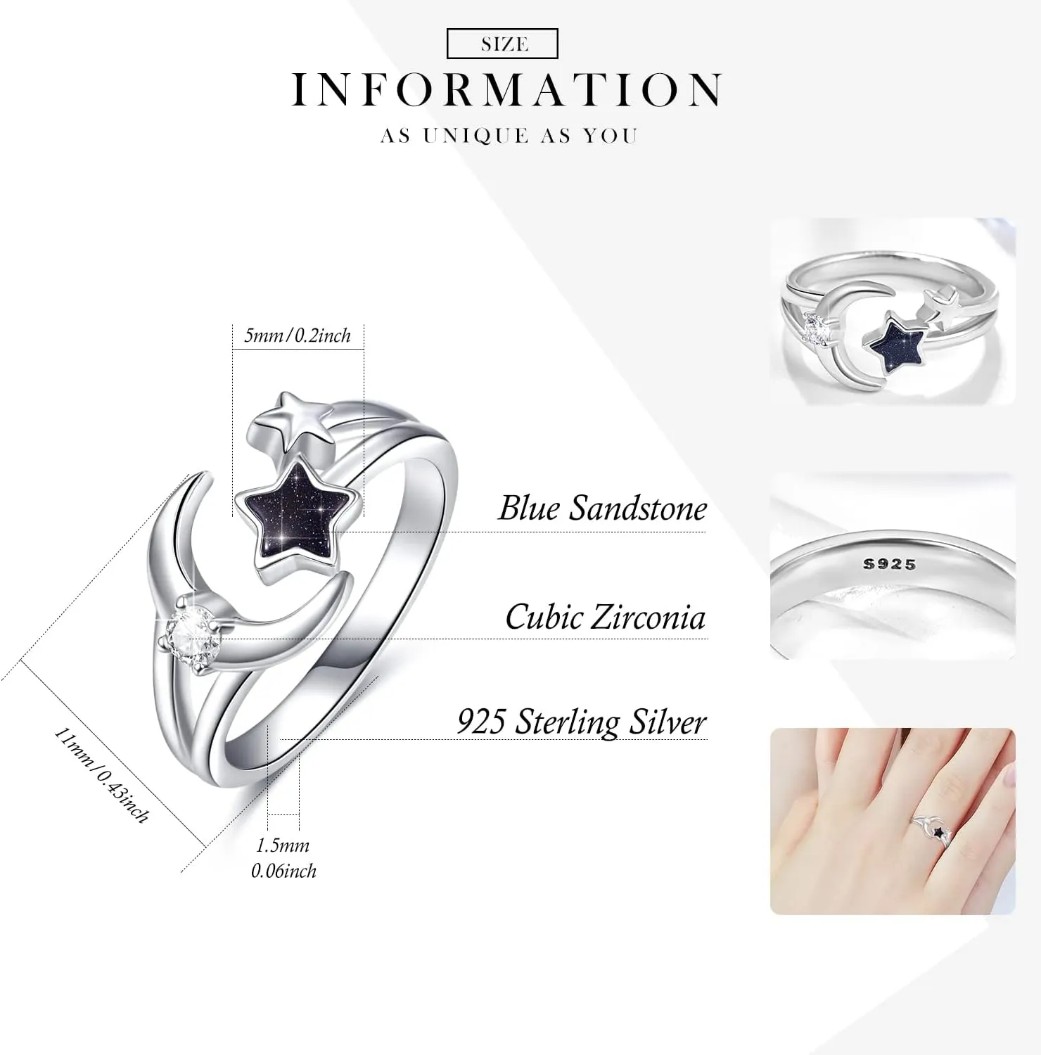 Dreamboat Sterling Silver Moon and Star Rings for Women Crescent Moon Ring Celestial Galaxy Witchy Star Jewelry Adjustable