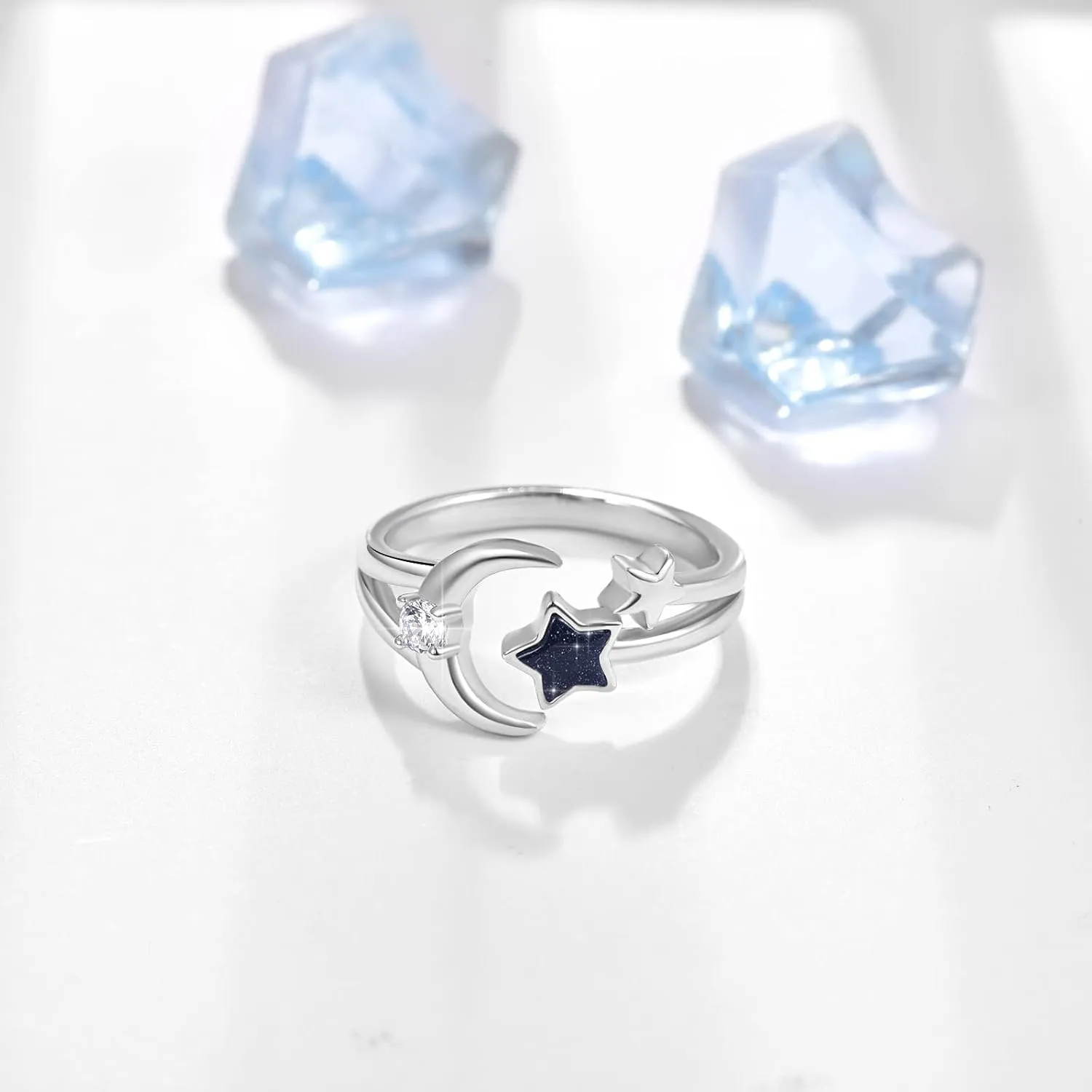 Dreamboat Sterling Silver Moon and Star Rings for Women Crescent Moon Ring Celestial Galaxy Witchy Star Jewelry Adjustable