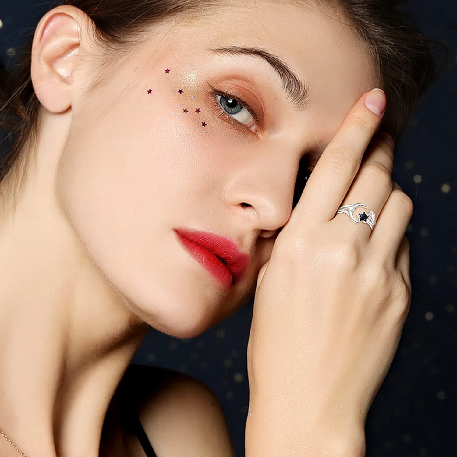 Dreamboat Sterling Silver Moon and Star Rings for Women Crescent Moon Ring Celestial Galaxy Witchy Star Jewelry Adjustable