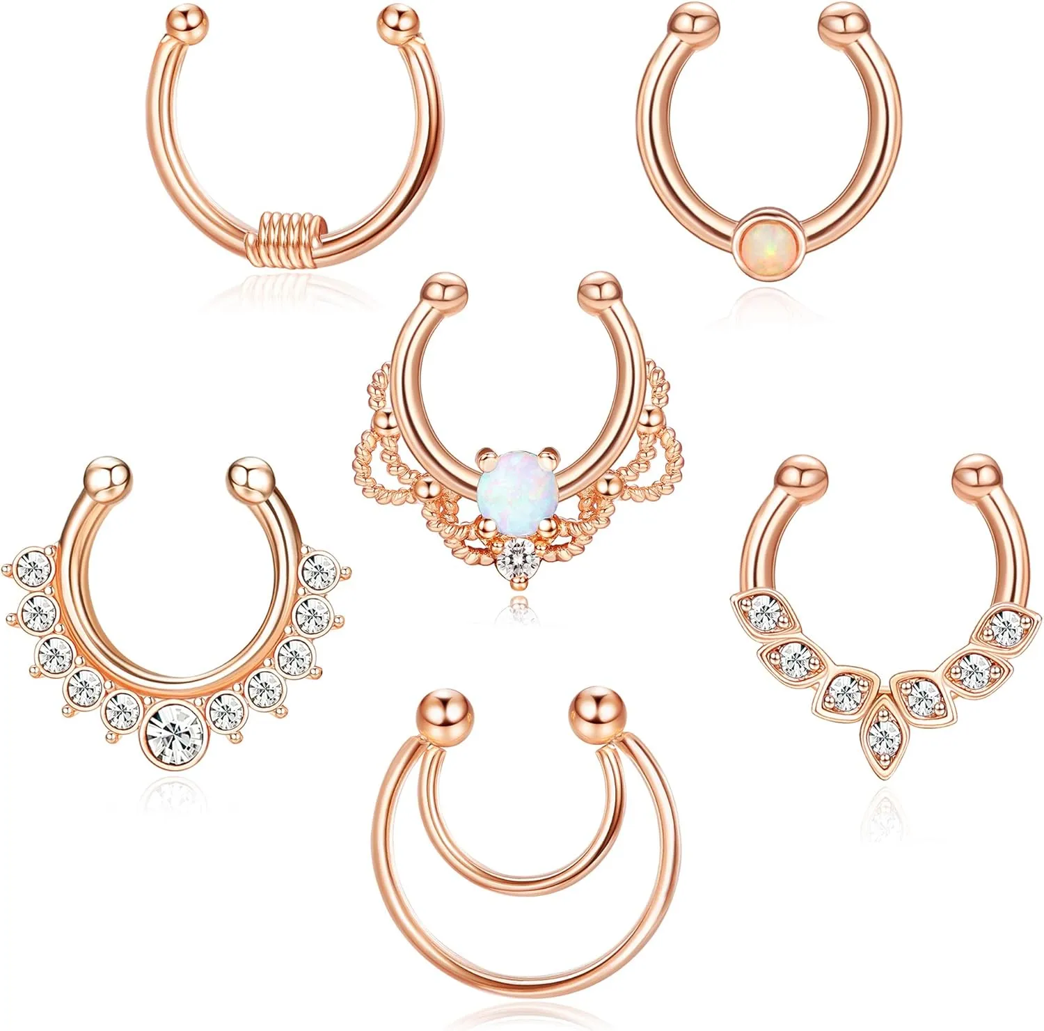 Drperfect 6Pcs Opal Fake Septum Ring for Women CZ Nose Ring Non-Pierced Clip On Nose Hoop Jewelry