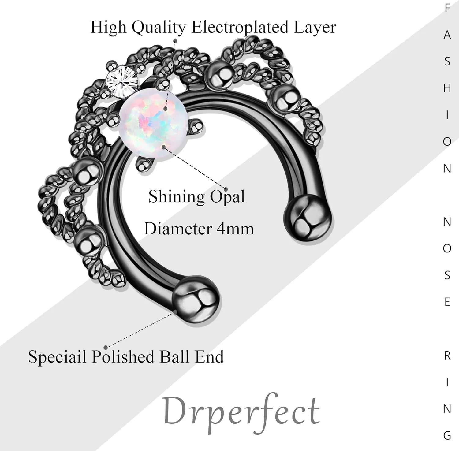 Drperfect 6Pcs Opal Fake Septum Ring for Women CZ Nose Ring Non-Pierced Clip On Nose Hoop Jewelry