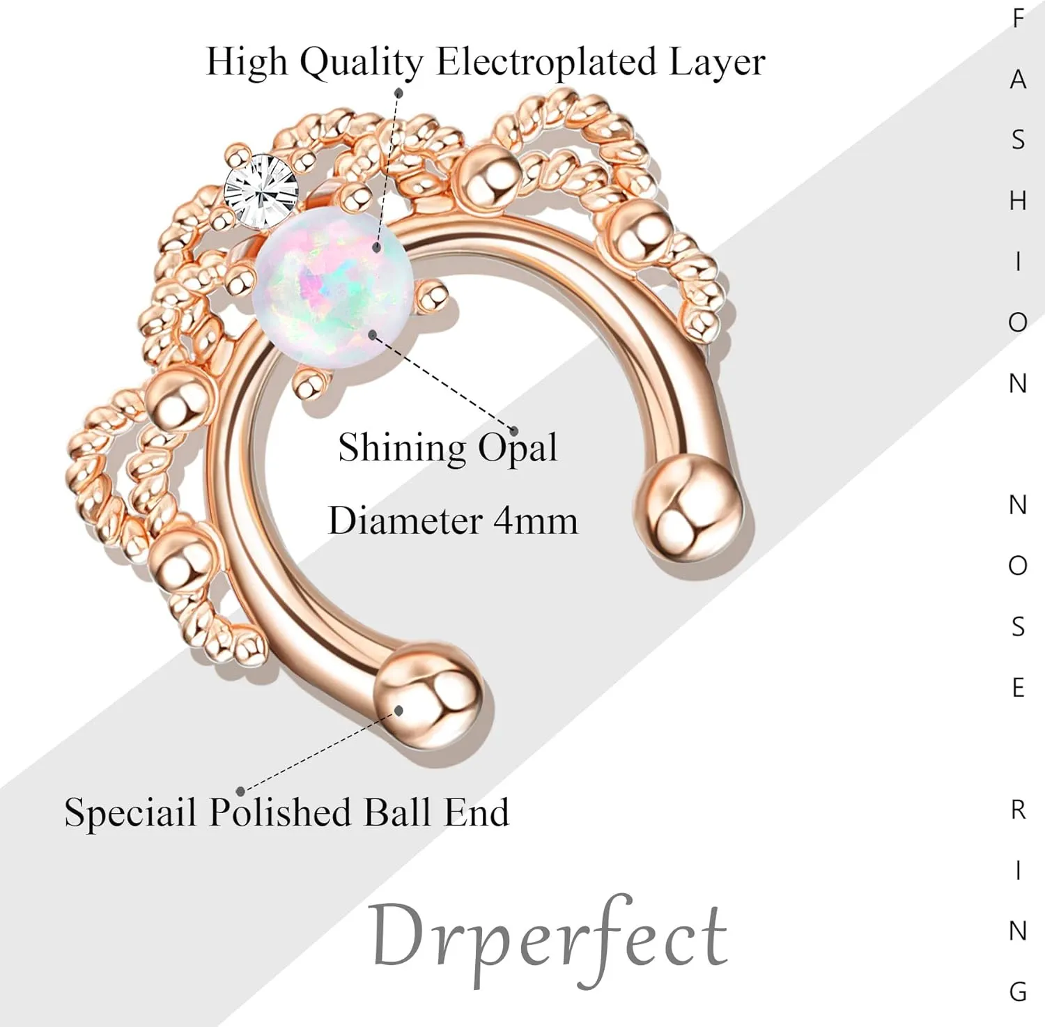 Drperfect 6Pcs Opal Fake Septum Ring for Women CZ Nose Ring Non-Pierced Clip On Nose Hoop Jewelry