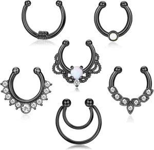 Drperfect 6Pcs Opal Fake Septum Ring for Women CZ Nose Ring Non-Pierced Clip On Nose Hoop Jewelry