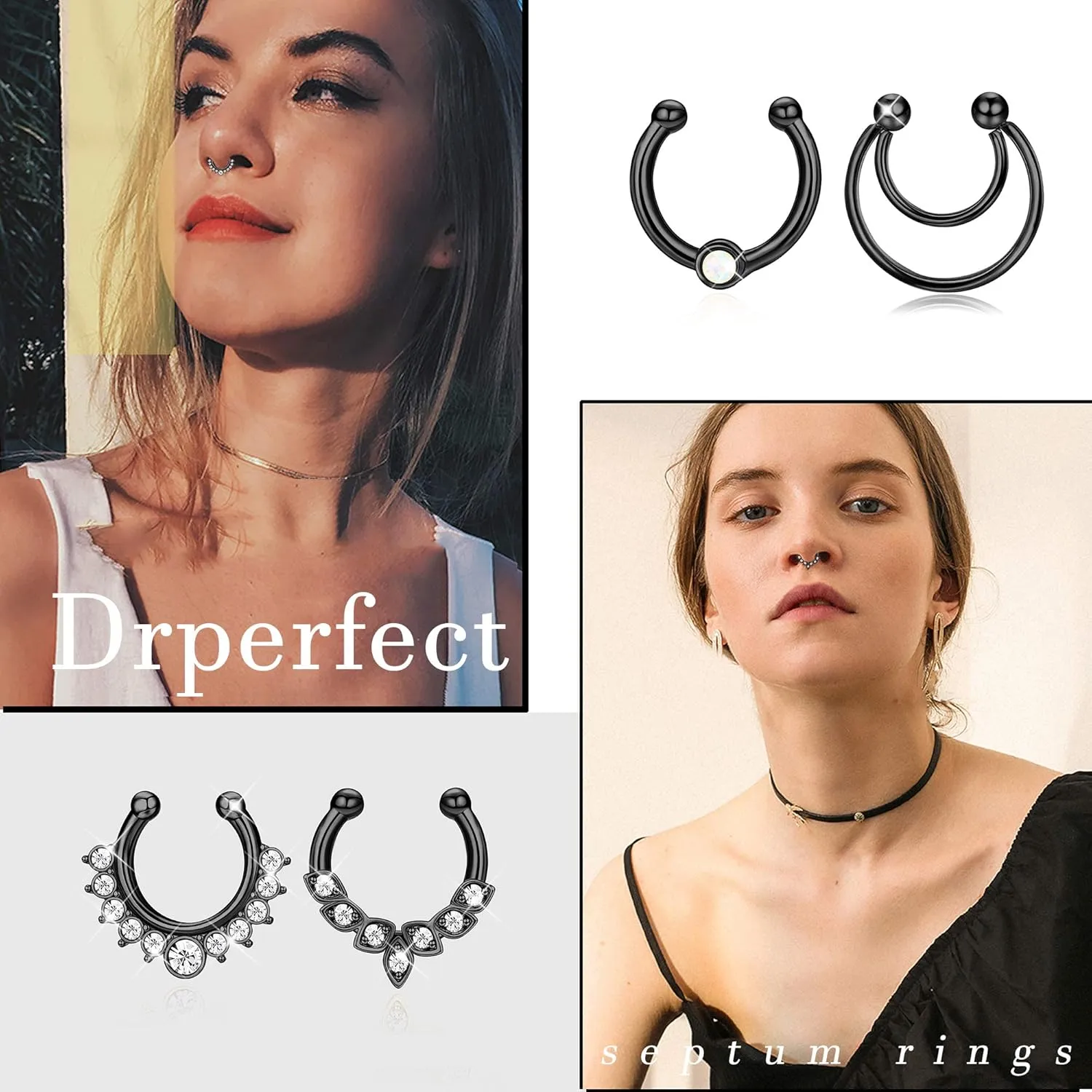 Drperfect 6Pcs Opal Fake Septum Ring for Women CZ Nose Ring Non-Pierced Clip On Nose Hoop Jewelry