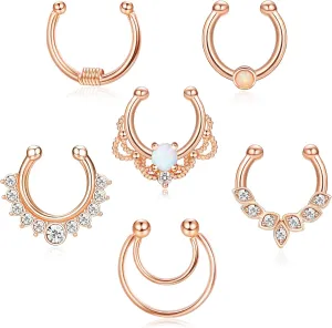 Drperfect 6Pcs Opal Fake Septum Ring for Women CZ Nose Ring Non-Pierced Clip On Nose Hoop Jewelry