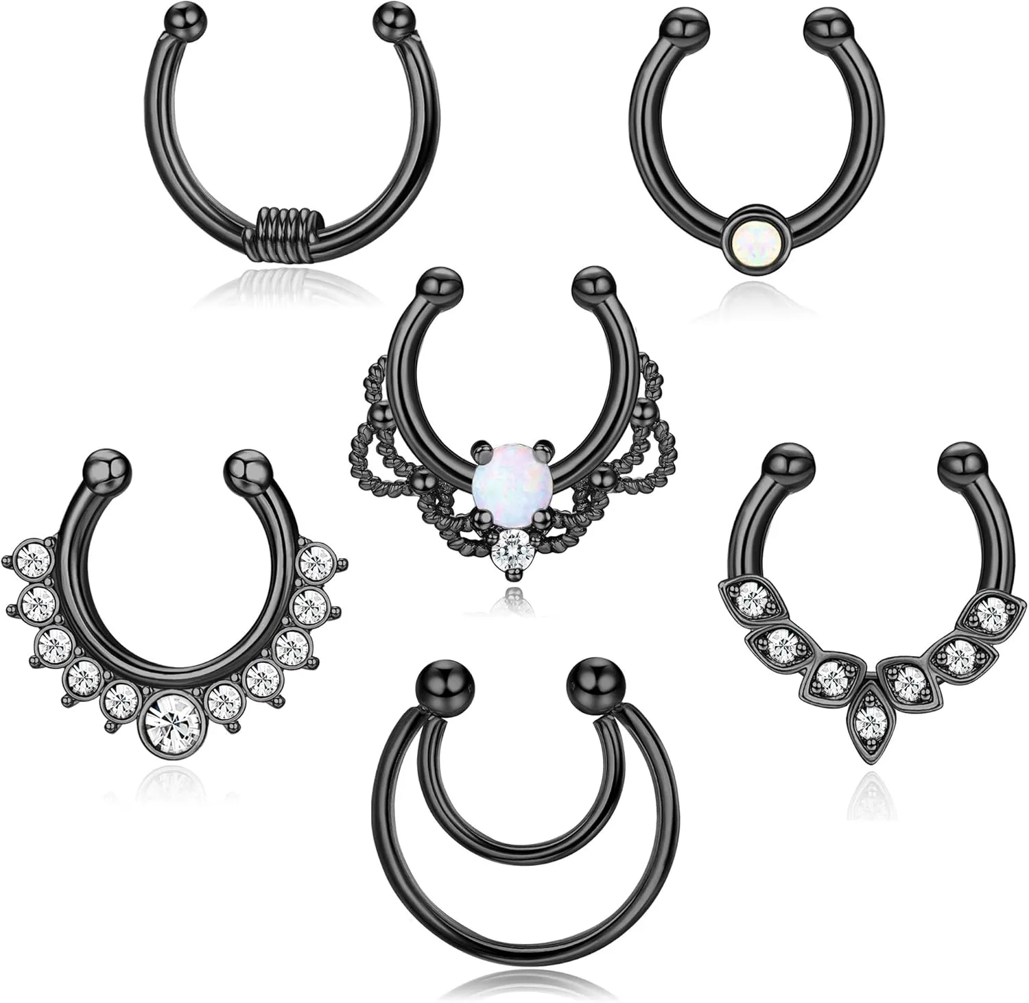 Drperfect 6Pcs Opal Fake Septum Ring for Women CZ Nose Ring Non-Pierced Clip On Nose Hoop Jewelry