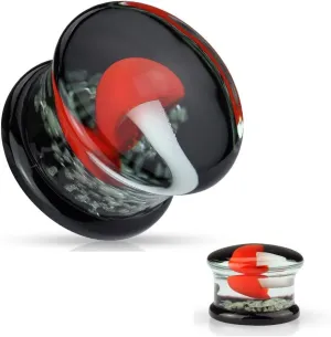 Dynamique Pair Of Pyrex Glass Double Flared Plugs Black Back with Red and White Mushroom on Glow in Dark Sparkles