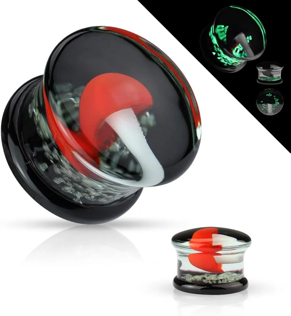 Dynamique Pair Of Pyrex Glass Double Flared Plugs Black Back with Red and White Mushroom on Glow in Dark Sparkles