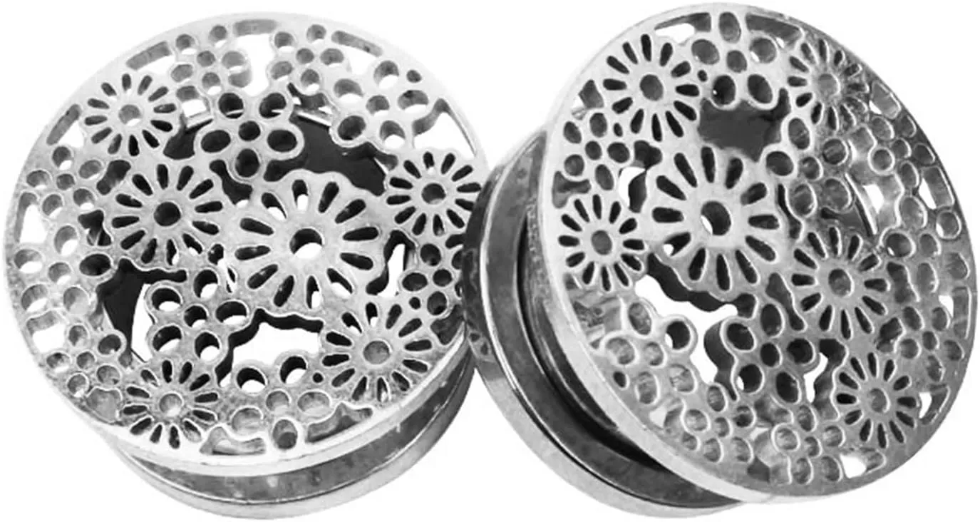 Ear Tunnels, 2PCS Stainless Steel Ear Plugs Polished Round with Hollow Flower Tunnels For Ears Piercing Jewelry