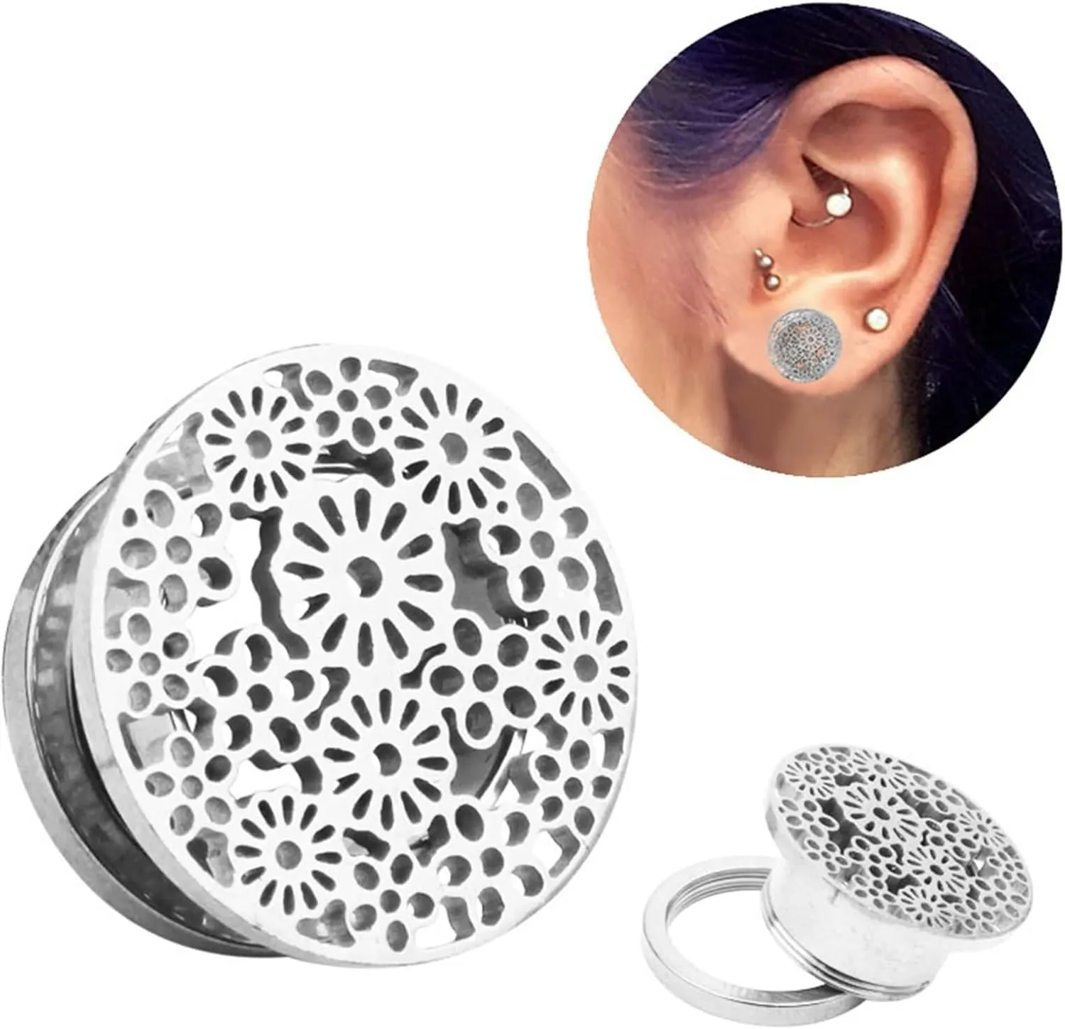 Ear Tunnels, 2PCS Stainless Steel Ear Plugs Polished Round with Hollow Flower Tunnels For Ears Piercing Jewelry