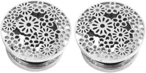 Ear Tunnels, 2PCS Stainless Steel Ear Plugs Polished Round with Hollow Flower Tunnels For Ears Piercing Jewelry
