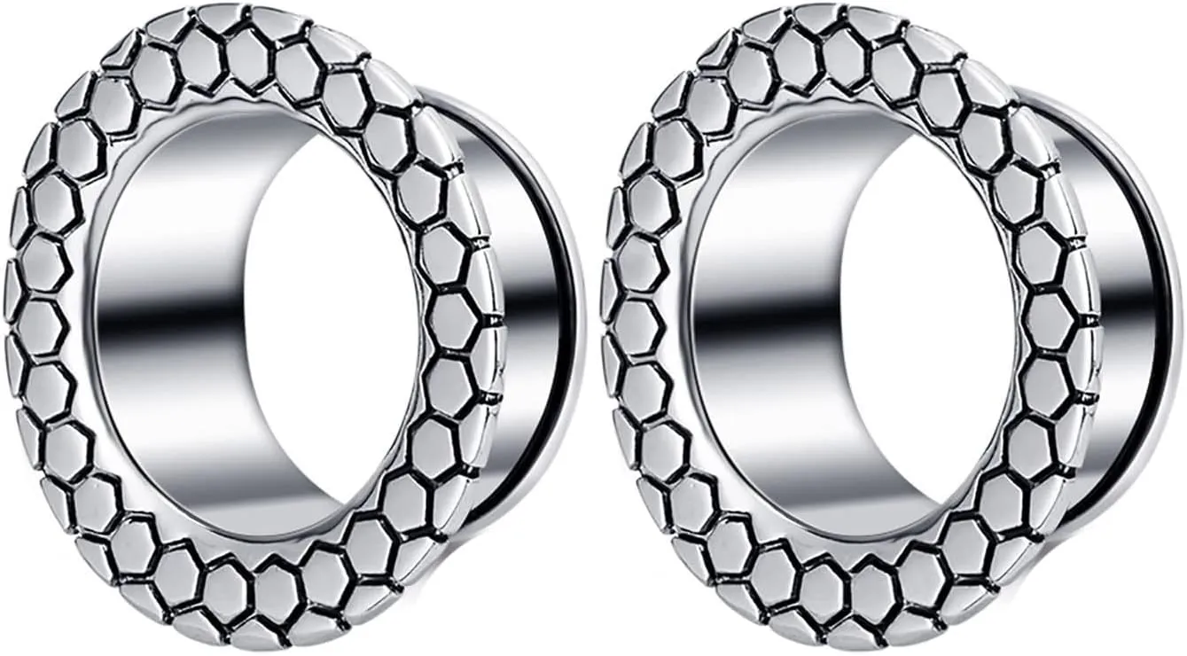 Ear Tunnels, 2PCS Stainless Steel Ear Plugs Vintage Hoop Geometric Pattern Ear Gauges 00G Body Piercings Jewelry