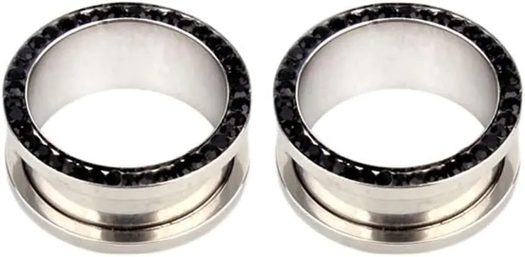 Ear Tunnels, 2PCS Surgical Steel Ear Plugs Gauges 10mm With Black Cubic Zirconia Ear Gauges 00G Body Piercings Jewelry